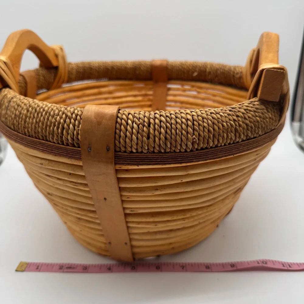 Vintage Woven Gathering Basket Wood Handles Split Reed Jute Rope Rim 11